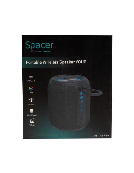 BOXA SPACER portabila bluetooth, YOUPI-BK, RMS: 6W, RGB, acumulator 1800mAh, timp de functionare pana la 5 ore, pana la 10m, AUX