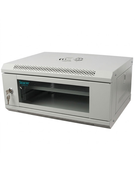 CABINET 19" SPACER 4U 500x450mm, fixare pe perete, Flatpack (dezasamblat), Grey, usa sticla cu blocare, panouri detasabile, otel