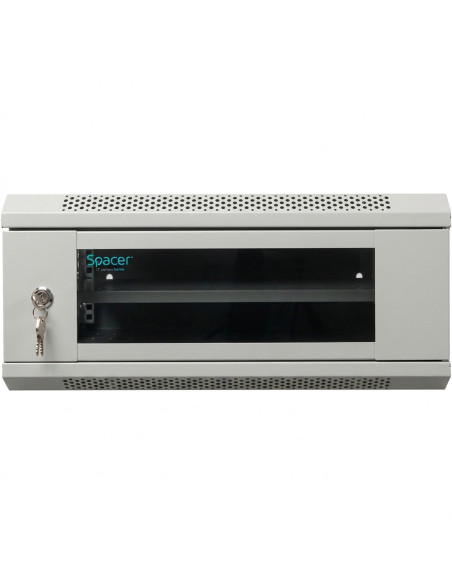 CABINET 19" SPACER 4U 500x450mm, fixare pe perete, Flatpack (dezasamblat), Grey, usa sticla cu blocare, panouri detasabile, otel