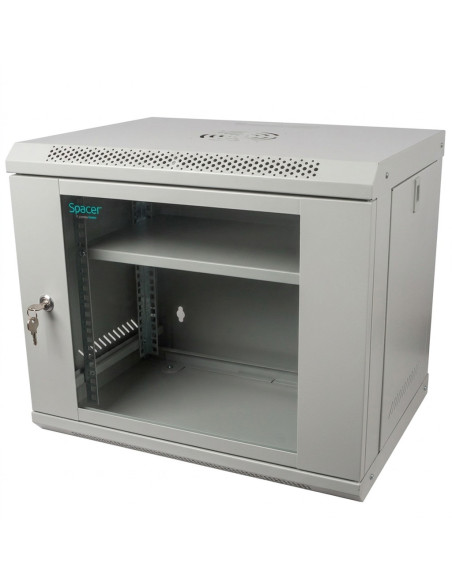 CABINET 19" SPACER 9U 500x450mm, fixare pe perete, Flatpack (dezasamblat), Grey, usa sticla cu blocare, panouri detasabile, otel