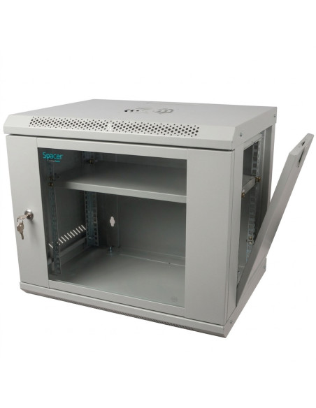 CABINET 19" SPACER 9U 500x450mm, fixare pe perete, Flatpack (dezasamblat), Grey, usa sticla cu blocare, panouri detasabile, otel