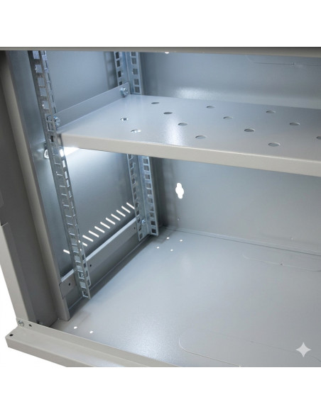 CABINET 19" SPACER 9U 500x450mm, fixare pe perete, Flatpack (dezasamblat), Grey, usa sticla cu blocare, panouri detasabile, otel