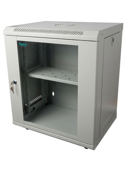 CABINET 19" SPACER 12U 500x450mm, fixare pe perete, Flatpack (dezasamblat), Grey, usa sticla cu blocare, panouri detasabile, ote