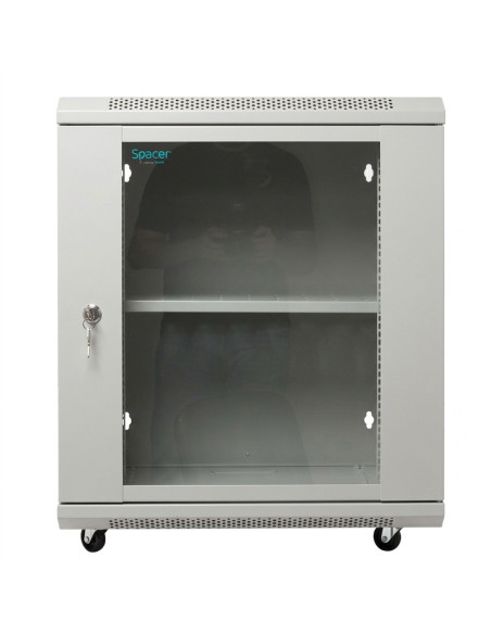 CABINET 19" SPACER 12U 500x450mm, fixare pe perete, Flatpack (dezasamblat), Grey, usa sticla cu blocare, panouri detasabile, ote