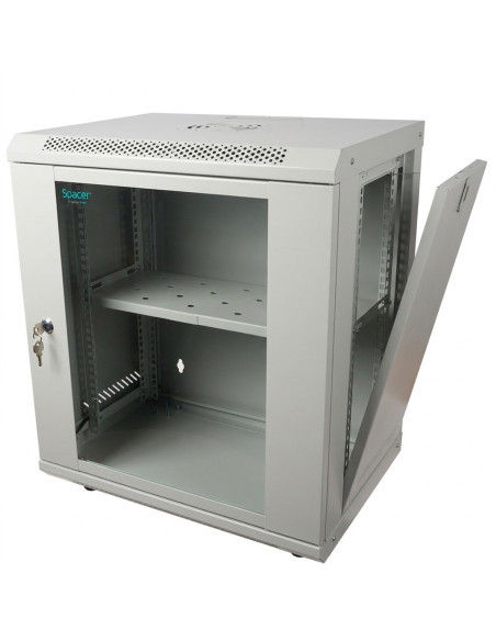 CABINET 19" SPACER 12U 500x450mm, fixare pe perete, Flatpack (dezasamblat), Grey, usa sticla cu blocare, panouri detasabile, ote