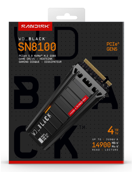 SSD WD_BLACK SN8100 HeatSink 4TB M.2 2280 PCIe Gen5 x4 NVMe, Read/Write: 14900/14000 MBps, IOPS 2300K/2400K, TBW: 2400, powered