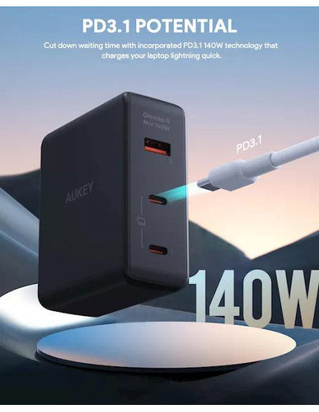 Alimentator retea Aukey, PA-B7O BK, 140W, fast charge, 2 x USB-C, 1 x USB-A, negru, "EU001-LLTSEUN1041556" - 689323785780
