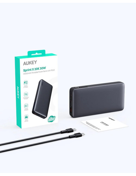 POWER BANK Aukey "PB-Y42" 20.000 mAh, 30W incarcare rapida 3-in-1, 2 x USB-C, 1 x USB-A, 378g, negru, "LLTSN1047247" - 689323786