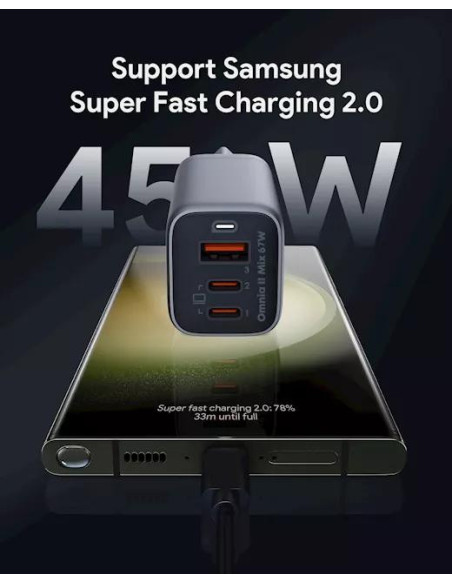 Alimentator retea Aukey, PA-B6U GR, 67W, fast charge, 1 x USB-A, 2 x USB-C, gri, "LLTSEUN1048305" - 689323786893