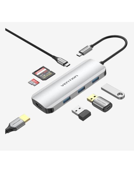 Docking Station Vention,HDMI(M), 3xUSB 3.2 gen1,PD 100W,SD/TF dual card slot,conec prin USB-C(T),transf 5 Gbps,aliaj Al si ABS,1