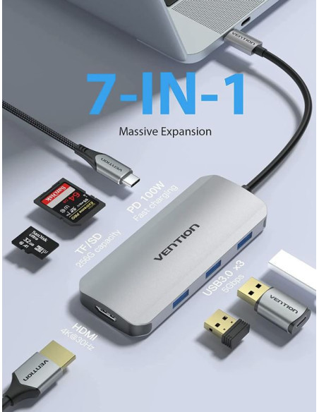 Docking Station Vention,HDMI(M), 3xUSB 3.2 gen1,PD 100W,SD/TF dual card slot,conec prin USB-C(T),transf 5 Gbps,aliaj Al si ABS,1