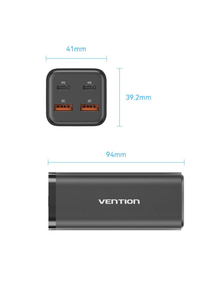 Alimentator retea Vention, 2 x USB-C (100W/100W), 2 x USB-A (18W/18W), GaN, PD, QC, Cablu alimentare 1.5m built-in, Cablu USB-C