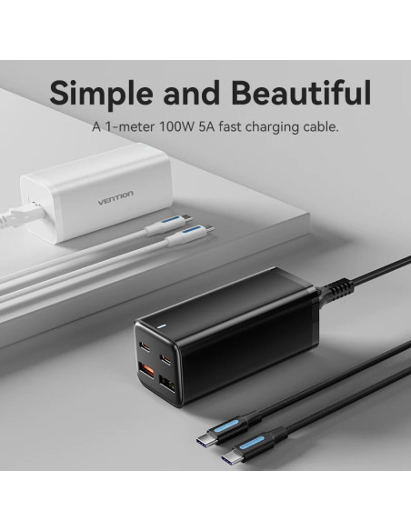 Alimentator retea Vention, 2 x USB-C (100W/100W), 2 x USB-A (18W/18W), GaN, PD, QC, Cablu alimentare 1.5m built-in, Cablu USB-C