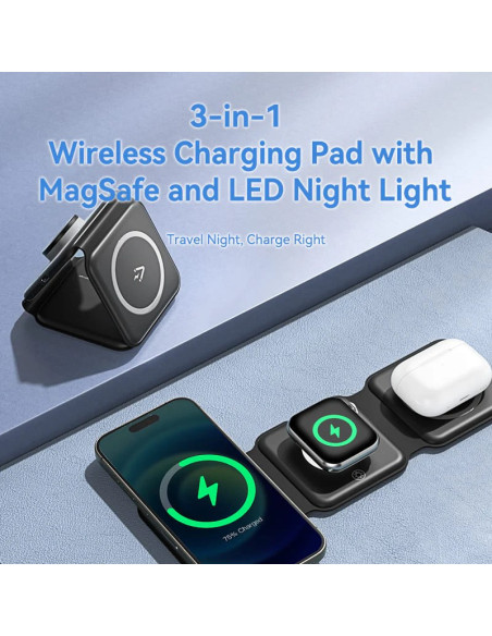 Statie incarcare wireless 3in1 Vention, MagSafe, telefon 15W, ceas 2.5W, casti 5W, fast charge, pliabil, magnetic, lumina LED, 1