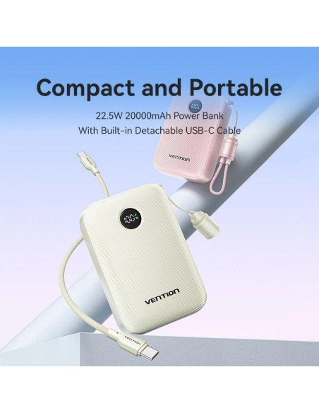 Power Bank Vention 20000mAh Power Bank (USB-C + USB-C/USB-C/USB-A) with Built-in USB-C to USB-C Cable 22.5W Beige LED Display Ty