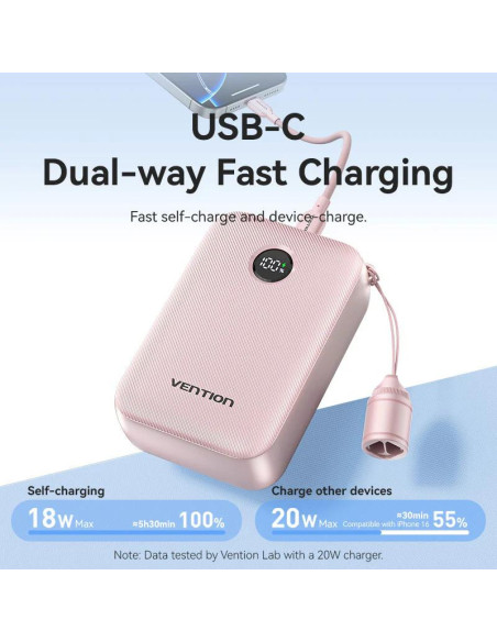 Power Bank Vention 20000mAh Power Bank (USB-C + USB-C/USB-C/USB-A) with Built-in USB-C to USB-C Cable 22.5W Beige LED Display Ty
