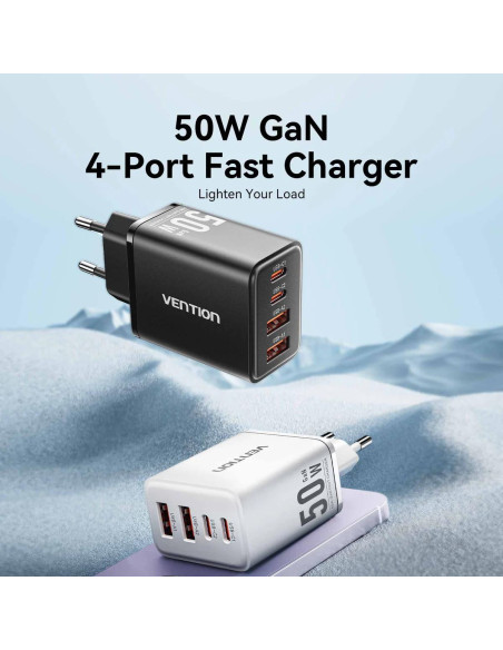 Alimentator retea Vention, 50W, 2 x USB-C (30W/20W), 2 x USB-A (18W/18W), GaN, Fast Charge, negru, "FCHB0-EU" -6922794793156