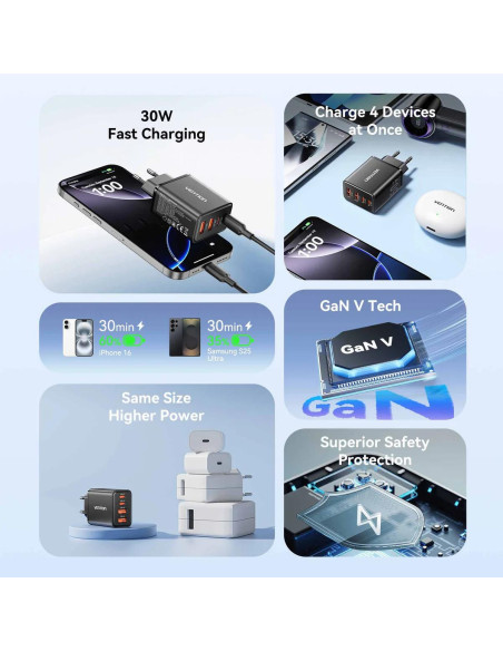 Alimentator retea Vention, 50W, 2 x USB-C (30W/20W), 2 x USB-A (18W/18W), GaN, Fast Charge, negru, "FCHB0-EU" -6922794793156
