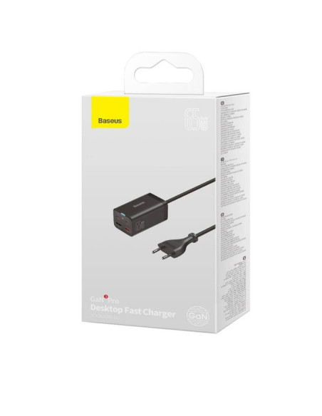 INCARCATOR retea Baseus GaN3 Pro, Quick Charge 65W, 2 x USB, 2 x USB Type-C, include cablu USB Type-C la USB Type-C 100W 1m, neg
