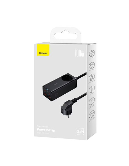 INCARCATOR RETEA Baseus GaN3 Pro Powerstrip,QC 100W,1xAC,2xUSB Type-C Output 5V/3A,2 x USB,include cablu USB Type-C la USB Type-