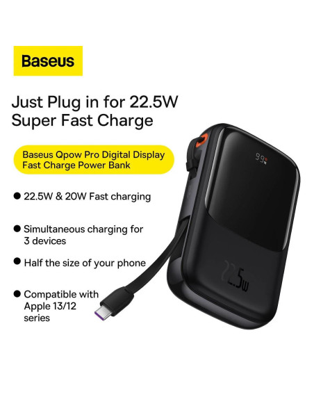 POWER BANK Baseus Qpow Pro Digital Display, 10000mAh, 22.5W, 1 x cablu integrat USB Type-C output/input, 1 x USB, 1 x Lightning,
