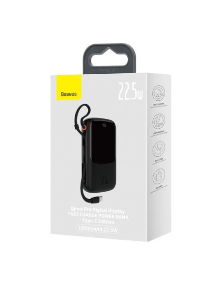 POWER BANK Baseus Qpow Pro Digital Display, 10000mAh, 22.5W, 1 x cablu integrat USB Type-C output/input, 1 x USB, 1 x Lightning,