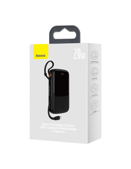POWER BANK Baseus Qpow Pro Digital Display, 20000mAh, 20W, 1 x cablu integrat Iphone Lightning output, 1 x USB, 1 x USB Type-C,