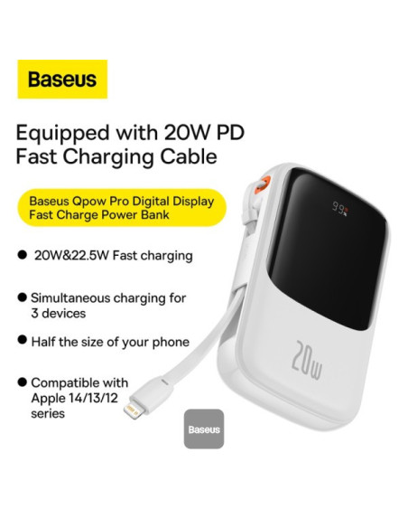 POWER BANK Baseus Qpow Pro Digital Display, 10000mAh, 20W, 1 x cablu integrat Iphone Lightning output, 1 x USB, 1 x USB Type-C,