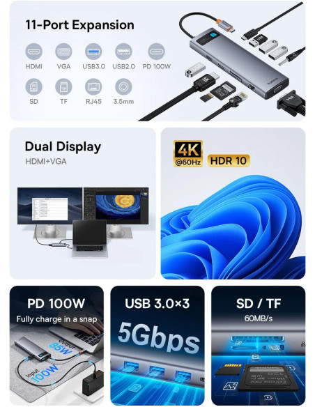 DOCKING Station Baseus Metal Gleam Series 11-in-1, conectare PC USB-C,Type-C to HDMI4K@60Hzx1+VGAx1,USB3.0x3,USB2.0x1+PDx1,RJ45x