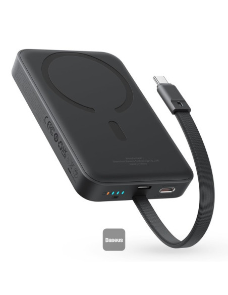 POWER BANK Baseus Magnetic Mini Wireless, 10000mAh, 30W, 2 x USB Type-C output/input, 15W wireless charging, cablu integrat USB