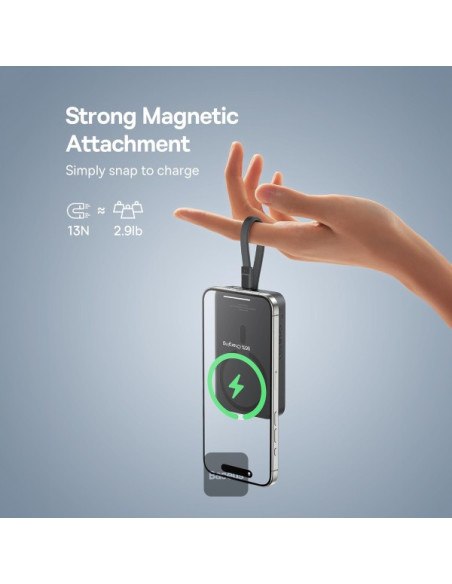 POWER BANK Baseus Magnetic Mini Wireless, 10000mAh, 30W, 2 x USB Type-C output/input, 15W wireless charging, cablu integrat USB