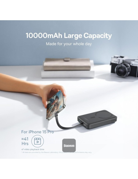POWER BANK Baseus Magnetic Mini Wireless, 10000mAh, 30W, 2 x USB Type-C output/input, 15W wireless charging, cablu integrat USB