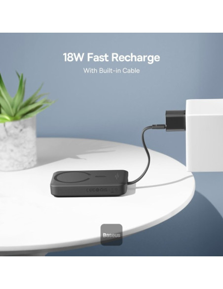 POWER BANK Baseus Magnetic Mini Wireless, 10000mAh, 30W, 2 x USB Type-C output/input, 15W wireless charging, cablu integrat USB