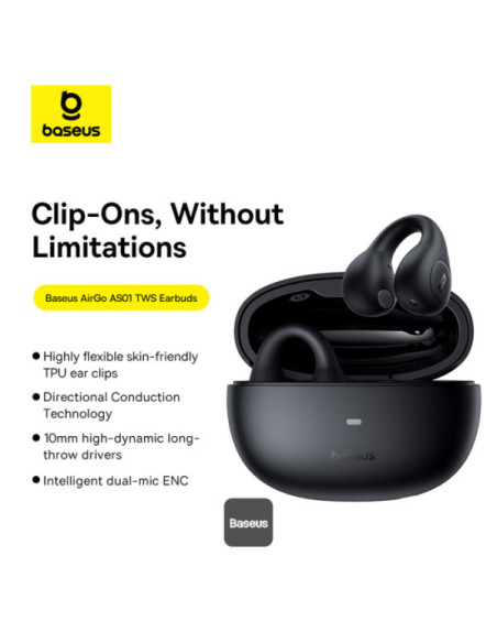 CASTI Baseus AirGo AS01 Open-Ear TWS, pt smartphone, wireless, bluetooth 5.3, microfon pe casca, 25 ore durata baterie, negru "A