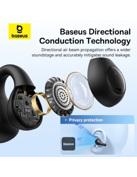 CASTI Baseus AirGo AS01 Open-Ear TWS, pt smartphone, wireless, bluetooth 5.3, microfon pe casca, 25 ore durata baterie, negru "A
