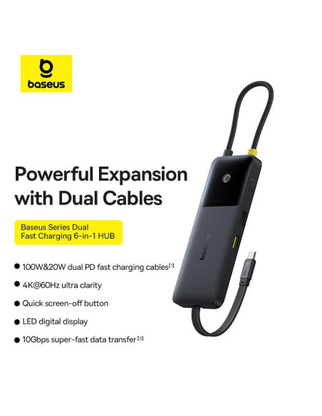 DOCKING Station Baseus Nomos Dual Fast Charging 6-in-1,conectare PC USB-C, 1 x USB 10G, cablu inclus 1 x USB-C (10Gbps si PD20W)