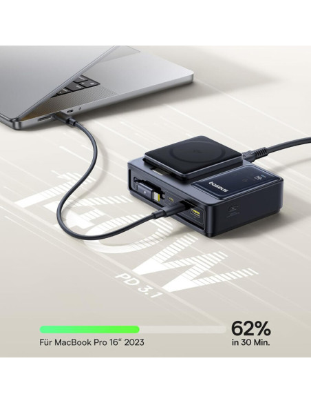 INCARCATOR retea Baseus NOMOS 5-in-1 Desktop Charger, Quick Charge 140W, incarcare wireless 15W max. Qi2, 3 x USB Type-C, 1 x US