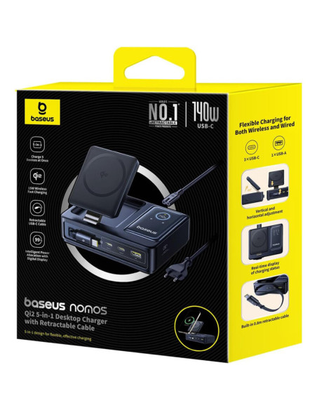 INCARCATOR retea Baseus NOMOS 5-in-1 Desktop Charger, Quick Charge 140W, incarcare wireless 15W max. Qi2, 3 x USB Type-C, 1 x US