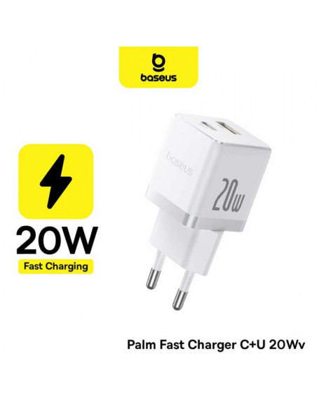 INCARCATOR retea Baseus Palm, Quick Charge 20W, 1 x USB, 1 x USB Type-C 5V/3.0A, include cablu USB Type-C la USB Type-C 1m, alb