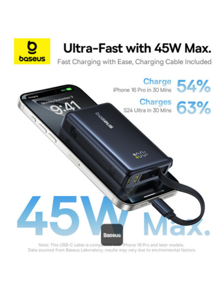 POWER BANK Baseus PicoGo, display, capacitate 10000mAh, 45W, cablu integrat USB Type-C, 1 x USB Type-C, 1 x USB, total 5V/3A, ne