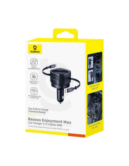 INCARCATOR auto Baseus Enjoyment Max, Quick Charge 60W, cablu retractabil integrat 2 x USB Type-C, negru "C00035507121-01" - 693