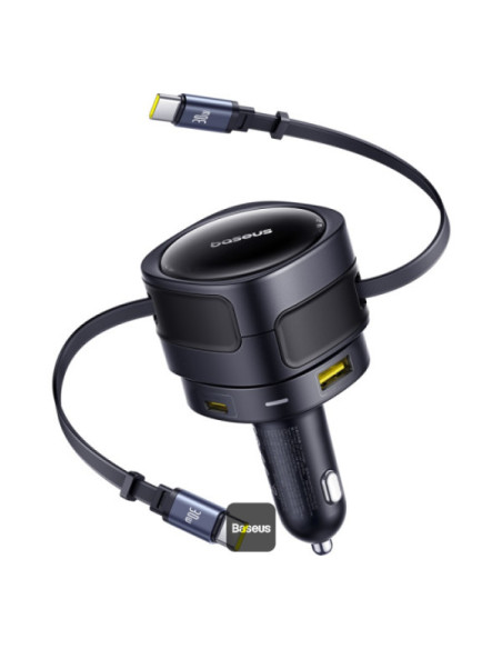 INCARCATOR auto Baseus Enjoyment Max, Quick Charge 90W, 1 x USB, cablu retractabil integrat 2 x USB Type-C, pt. bricheta auto, n