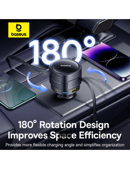 INCARCATOR auto Baseus Enjoyment Max, Quick Charge 90W, 1 x USB, cablu retractabil integrat 2 x USB Type-C, pt. bricheta auto, n