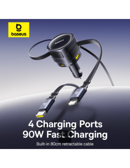 INCARCATOR auto Baseus Enjoyment Max, Quick Charge 90W, 1 x USB, cablu retractabil integrat 2 x USB Type-C, pt. bricheta auto, n