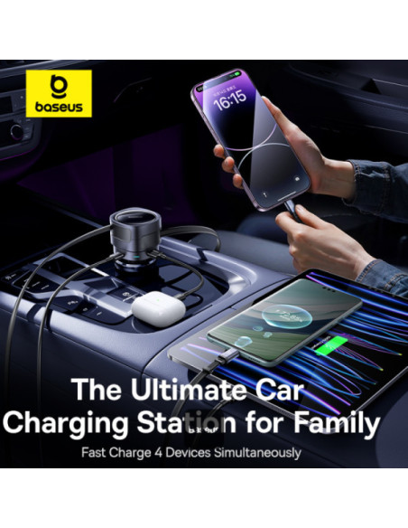 INCARCATOR auto Baseus Enjoyment Max, Quick Charge 90W, 1 x USB, cablu retractabil integrat 2 x USB Type-C, pt. bricheta auto, n