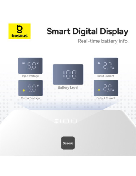 POWER BANK Baseus PicoGo, 10000mAh, 20W, 2 x USB Type-C, 1 x USB, cablu inclus USB Type-C la USB Type-C 30cm, alb, "P10076801213