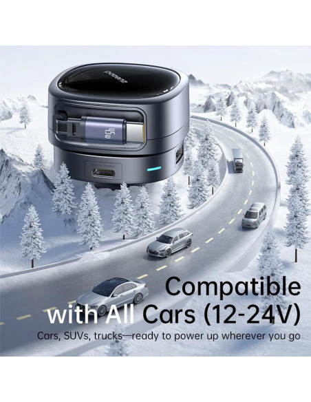 INCARCATOR auto Baseus PrimeTrip VR1, Quick Charge 60W, 1 x USB, 2 x USB Type-C, pt. bricheta auto, cablu retractabil, negru "C0