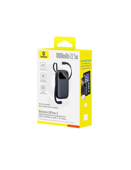 POWER BANK Baseus Qpow3, 10000mAh, 22.5W, 1 x USB, cablu integrat USB Type-C, cablu integrat Iphone Lightning, negru, "P10082106