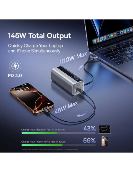 POWER BANK Baseus EnerGeek GR11, 20000mAh, 145W, 2 x USB Type-C, 1 x USB, cablu integrat USB Type-C, display, argintiu, "E0027B0