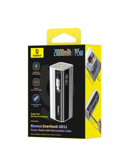POWER BANK Baseus EnerGeek GR11, 20000mAh, 145W, 2 x USB Type-C, 1 x USB, cablu integrat USB Type-C, display, argintiu, "E0027B0